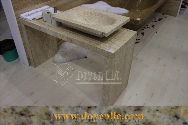 Jadite Travertine Bathroom Vanity Top with Marble and Travertine Sinks, Beige Travertine Bathroom Vanity Tops and Granite Sinks