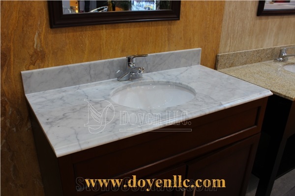 White Carrara Marble Vanity Top with White Ceramic Sinks