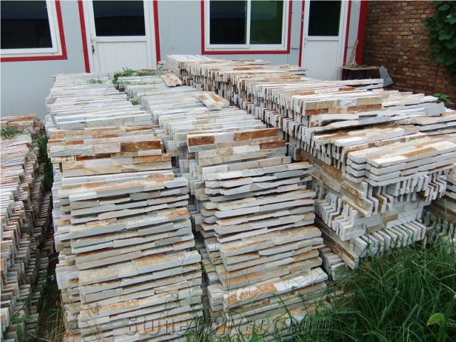 Wellest Sl-014fz Yellow Wood Slate Flat Culture Stone, Ledge Stone,Stacked Stone, Wall Cladding Tile ,Veneer Panel, Z Shape, Interlocked,Beige Slate