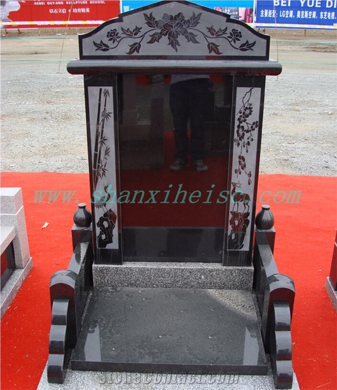 Cemetery Gravestone with Carved Design,Shanxi Black Monuments,Cheap Tombstones