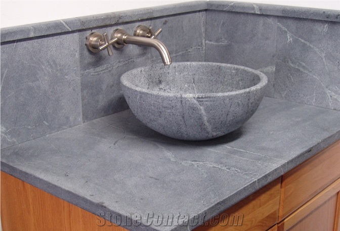 Soapstone Round Vessel Sink, Santa Rita Venata Grey Soapstone Sinks