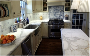 Bianco Statuario Marble Kitchen Countertop, Ceramic Backsplash