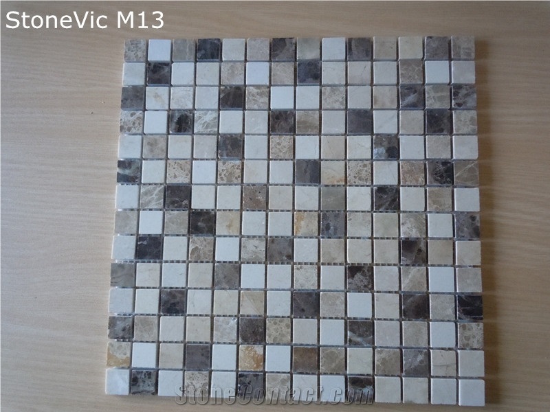 Cream Marfil,Light Emperador,Dark Emperador Marble Multicolor Marble Mosaic, High Gloss Finish
