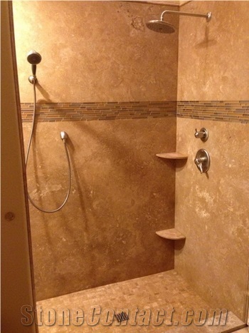 Walnut Travertine Cross Cut Bathroom, Walnut Cross Cut Beige Travertine Bath Design