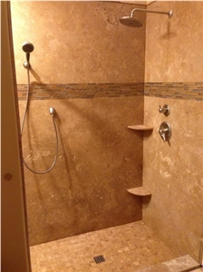 Walnut Travertine Cross Cut Bathroom, Walnut Cross Cut Beige Travertine Bath Design