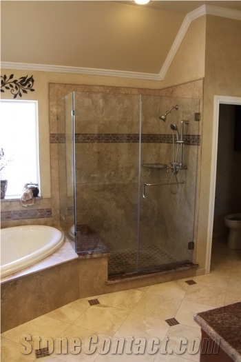 Walnut Travertine Cross Cut Bathroom, Walnut Cross Cut Beige Travertine Bath Design