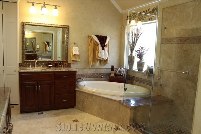 Walnut Travertine Cross Cut Bathroom, Walnut Cross Cut Beige Travertine Bath Design