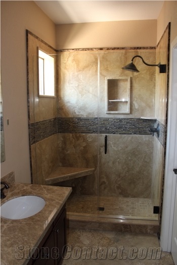 Walnut Travertine Cross Cut Bathroom, Walnut Cross Cut Beige Travertine Bath Design