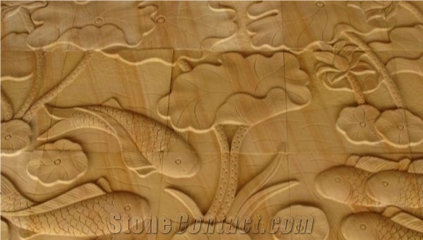 China Yellow Sandstone Wall Flower Relief & Etching