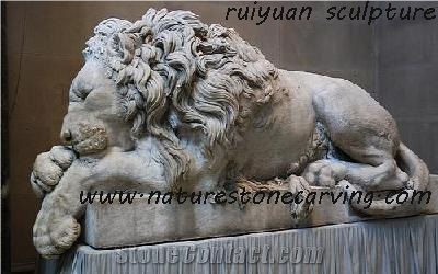 Sleep Lion Sculpture, Hy Beige Travertine Sculptures