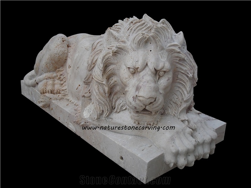 Sleep Lion Sculpture, Hy Beige Travertine Sculptures