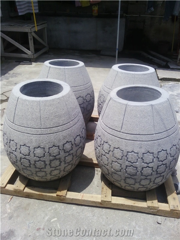 Carved Stone Flower Port, Grey Granite Flower Pot