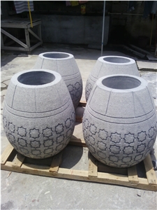 Carved Stone Flower Port, Grey Granite Flower Pot