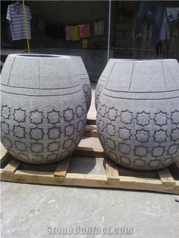Carved Stone Flower Port, Grey Granite Flower Pot