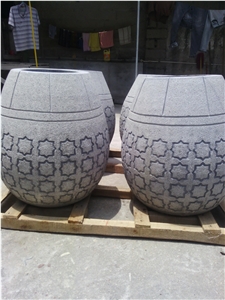 Carved Stone Flower Port, Grey Granite Flower Pot