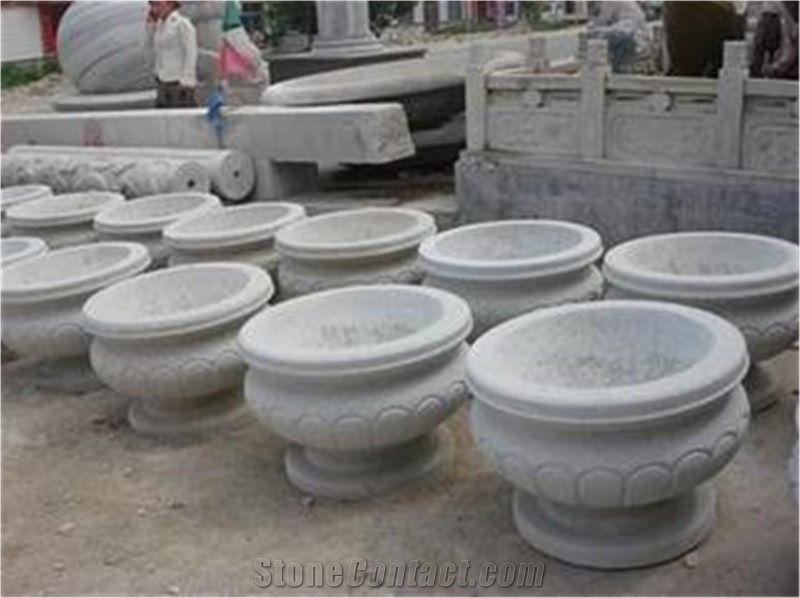 Carved Stone Flower Port, Grey Granite Flower Pot
