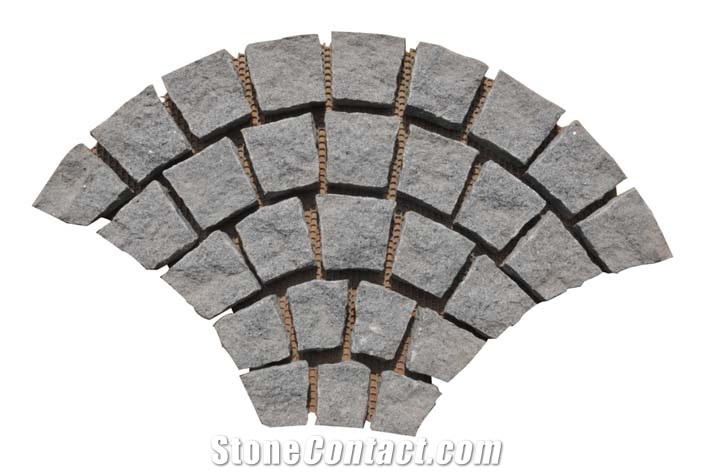 Wellest G654 Meshed Granite Fan Shape Paving Stone,Cobble and Cube Stone on Meshed, Five Faces Natural ,Bottom Saw Cut Mg-071