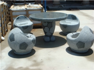 Wellest G654 Sesame Black Granite Polished Table and Flamed Stools, Exterior Round Table and Football Shape Stool,Garden Table and Stool, Stc023