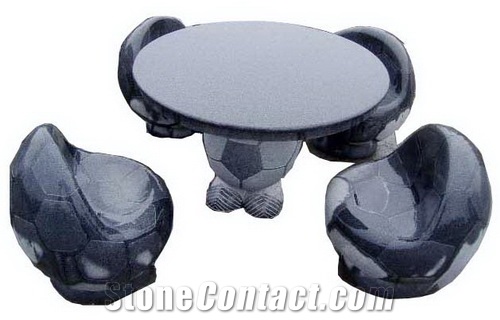 Wellest G654 Sesame Black Granite Table and Stools, Exterior Round Table and Football Shape Stool,Garden Table and Stool, Model No.Stc004