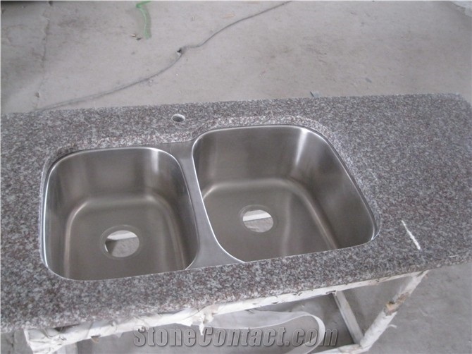 Wellest G664 Bainbrook Brown, Luoyuan Red, Prefabricate China Pink Granite Kitchen Countertop with Undermount Stainless Still Sink