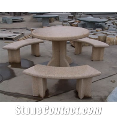 Wellest G682 Sunset Gold Yellow Granite Round Table & Bench, Round Garden Table and Bench,Exterior & Outside Table with Bench,Polished Surface,Stc040