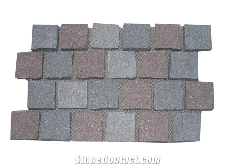 Wellest Grey Porphyry + Red Porphyry Meshed Granite Paving Stone,Cobble and Cube Stone on Meshed,Top Flamed,Bottom Sawn Cut