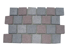 Wellest Grey Porphyry + Red Porphyry Meshed Granite Paving Stone,Cobble and Cube Stone on Meshed,Top Flamed,Bottom Sawn Cut