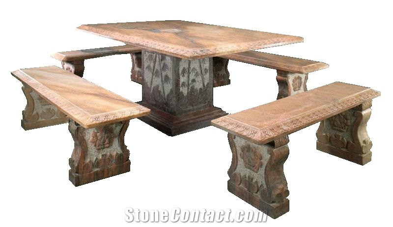 Wellest M108 Sunset Red Marble Table&Stool,Exterior & Outside Garden Stone Table and Stool,Stc 031