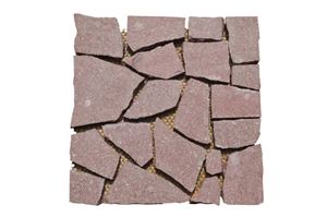 Wellest Red Porphyry Meshed Offset Shape Paving Stone,Flagstone,Cobble and Cube Stone on Meshed,Top Flamed and Other Sides Natural ,Bottom Saw Cut