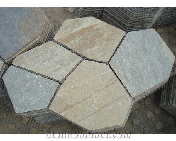 Wellest Yellow Wood Beige Slate Flagstone,Meshed Paver Stone,5 Pieces Type,Item No.Ms001