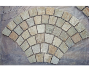 Wellest Yellow Wood Slate Meshed Fan Shape Paving Stone,Cobble and Cube Stone on Meshed,Ms015