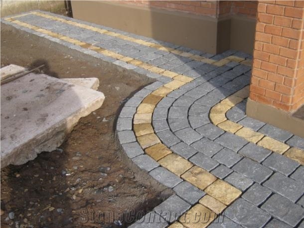Piedra Adoquin Gris Con Franja Amarilla, Adoquin Gris Quartzite Cube Stone & Pavers