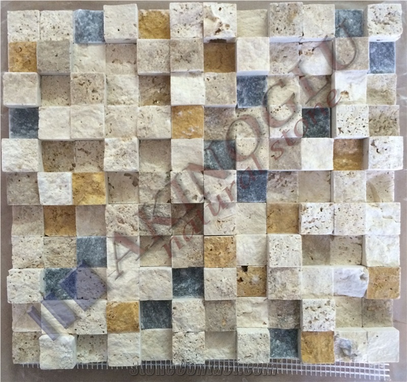 Mix Travertine Split Face Mosaic, Denizli Travertine Split Face Mosaic