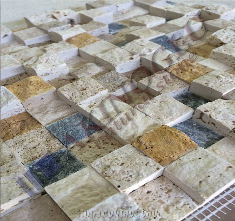 Mix Travertine Split Face Mosaic, Denizli Travertine Split Face Mosaic