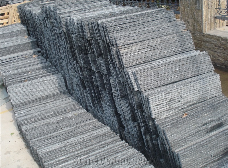 Black Quartzite Drain Board Wall Cladding, Black Cultured Stone Wall Tiles, China Wall Veneers