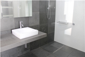 Bluestone Sawn 500x500 Penny Round White Gloss Mosaics, Victorian Bluestone Grey Blue Stone Bath Design