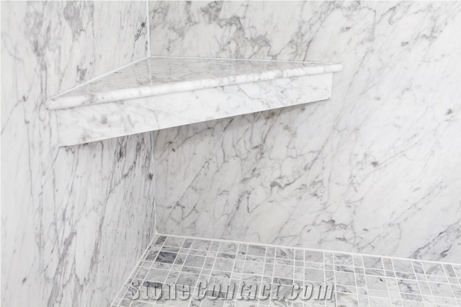 Cararra White Shower with Bench, Cararra White Marble Bath Design