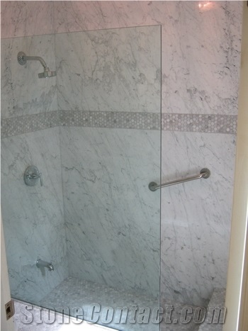 Cararra White Shower with Bench, Cararra White Marble Bath Design