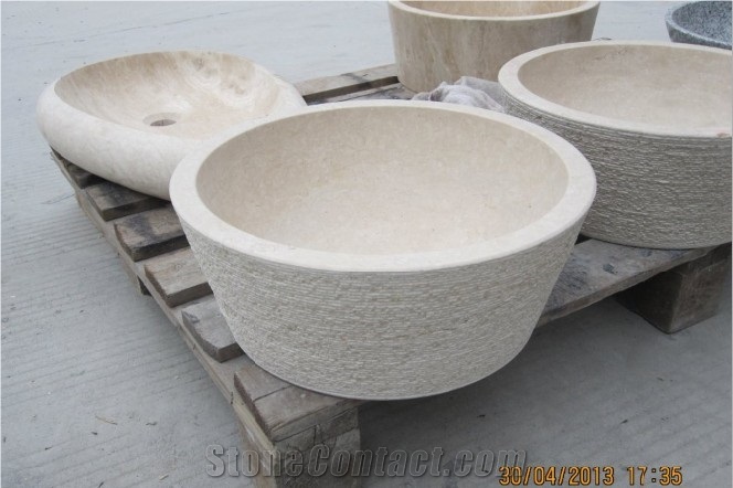 Beige and Yellow Travertine Under Counter Wash Basin, Countertop Round China Stone Sink, For Kitchen & Bathroom  