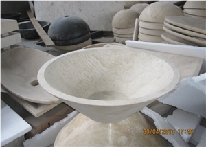 Beige and Yellow Travertine Under Counter Wash Basin, Countertop Round China Stone Sink, For Kitchen & Bathroom  
