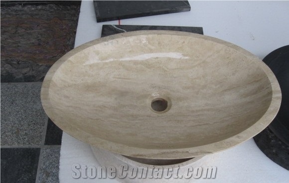 Beige and Yellow Travertine Under Counter Wash Basin, Countertop Round China Stone Sink, For Kitchen & Bathroom  