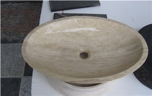 Beige and Yellow Travertine Under Counter Wash Basin, Countertop Round China Stone Sink, For Kitchen & Bathroom  
