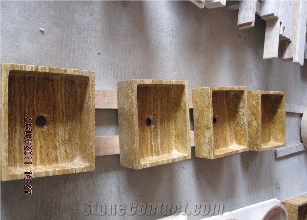Beige and Yellow Travertine Under Counter Wash Basin, Countertop Round China Stone Sink, For Kitchen & Bathroom  