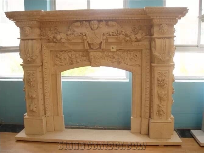 Beige Marble Fireplace Mantel