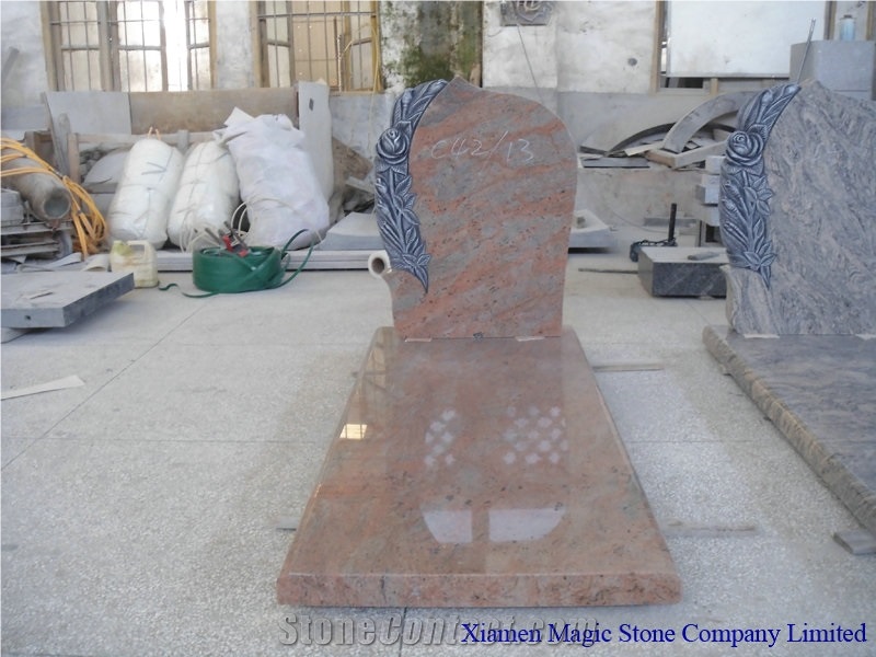Ivory Juparana Granite Tombstone with Roses Carved