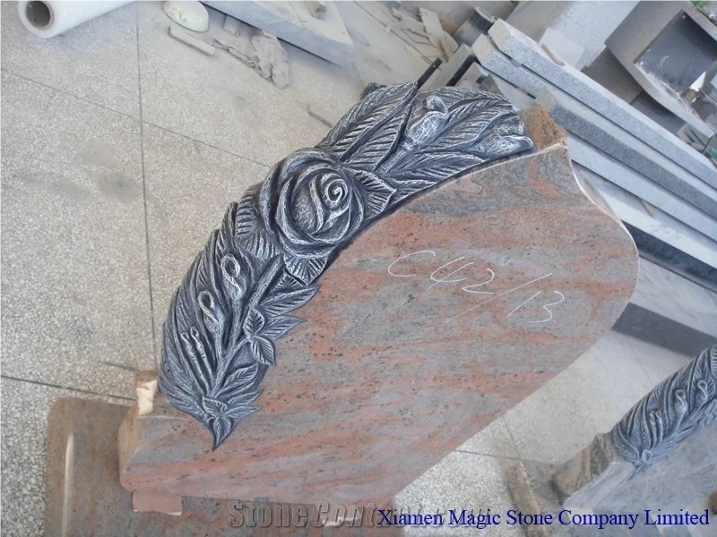 Ivory Juparana Granite Tombstone with Roses Carved