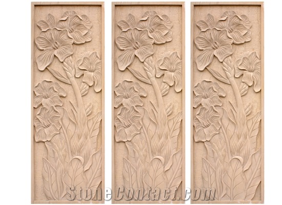 Wellest Beige Sandstone Carved Relief, Flower Embossment, Stone Etching,Decorative Artifacts & Handcrafts,Bc001