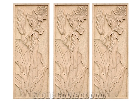 Wellest Beige Sandstone Carved Relief, Flower Embossment, Stone Etching,Decorative Artifacts & Handcrafts,Bc008