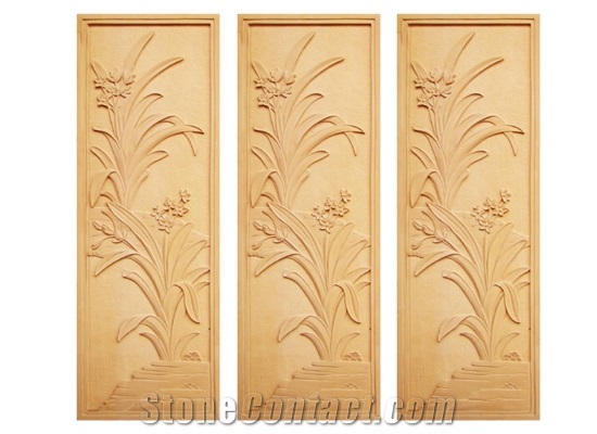 Wellest Yellow Sandstone Carved Relief, Flower Embossment, Stone Etching,Decorative Artifacts&Handcrafts,Bc006