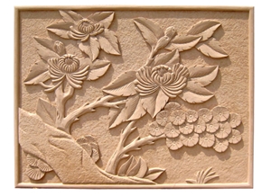 Wellest Yellow Sandstone Carved Relief, Flower Embossment, Stone Etching,Decorative Artifacts&Handcrafts,Bc016